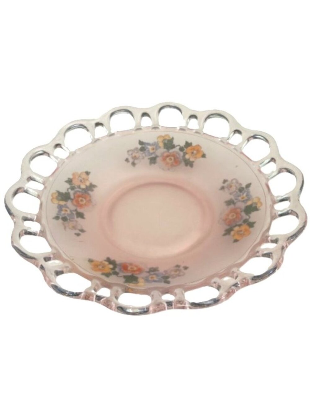 Vintage Lancaster Pink Satin Bowl Depression Glass Open Lace Work Old Colony